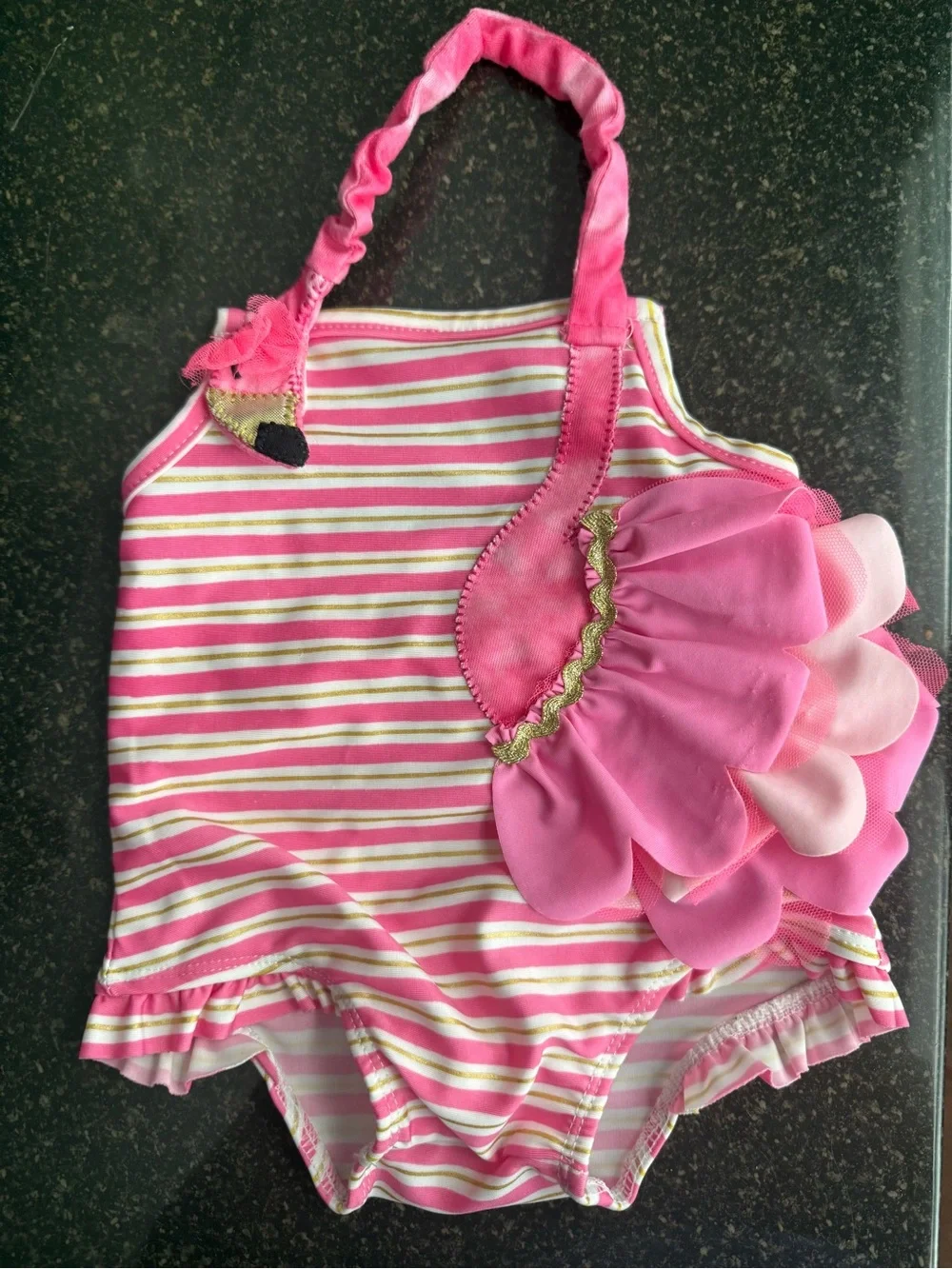 Mud Pie Pink & White Striped Baby Halter Swimsuit with Petal Ruffle